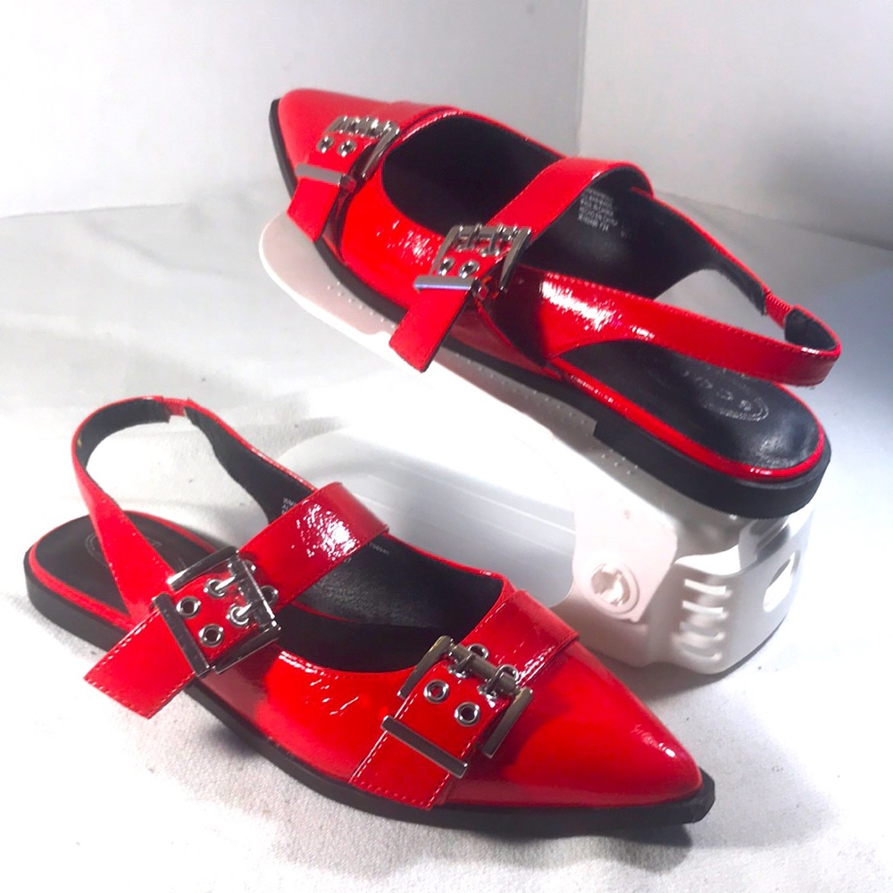 Women’s  Red Vegan Patent Leather Slingback Flats with Double Buckle Detail Sz10
